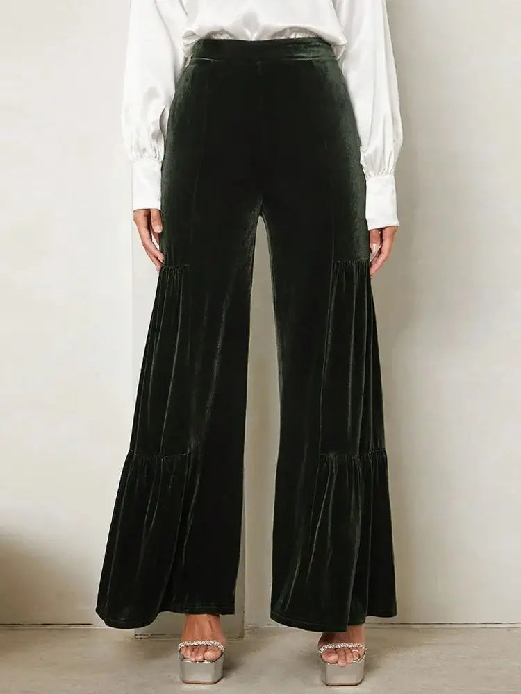 Women's autumn and winter gold velvet wide-leg pants with ruffles, high waist, straight, loose and slim elegant trousers - Azara