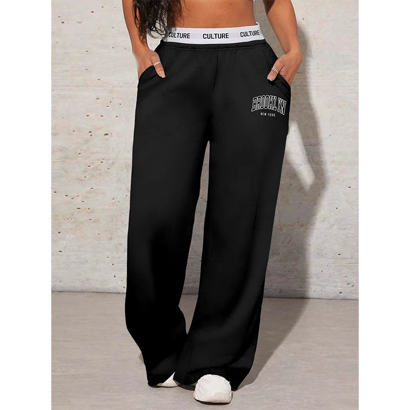 Women's Trousers Letter Printed Casual Loose Women's Wide Leg Pants Sweatpants Fashion Women's Drag Pants - Azara