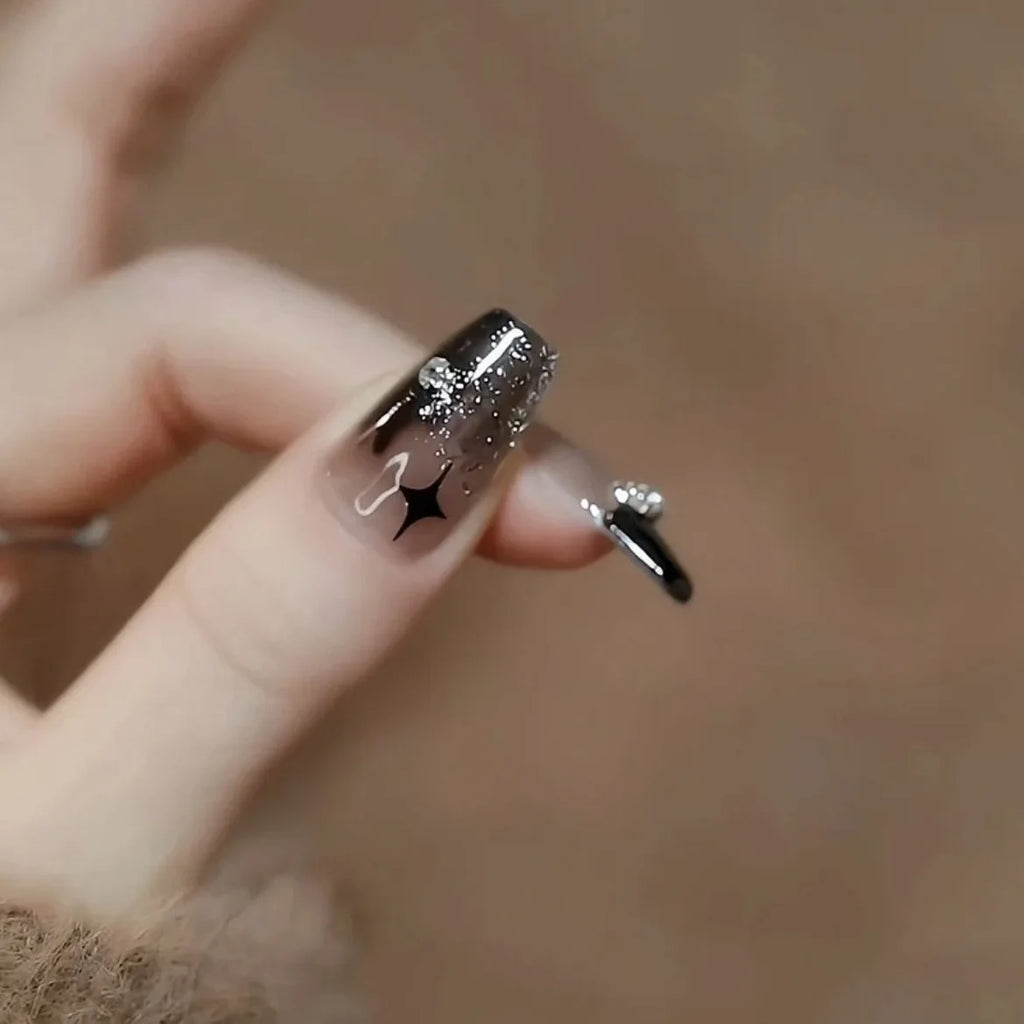 24PCS/1BOX  Dark Wind Gradient Long White Bow Nail Patch Fake Nails