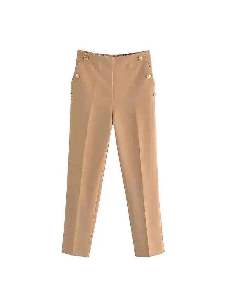 Women Fashion With Metallic Button Straight Pants Vintage High Waist Back Elastic Waistband Female Ankle Trousers Mujer - Azara