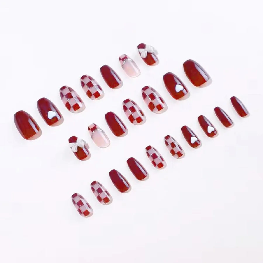 24PCS/1BOX Red Bow Gold Powder Checkerboard Fake Nails