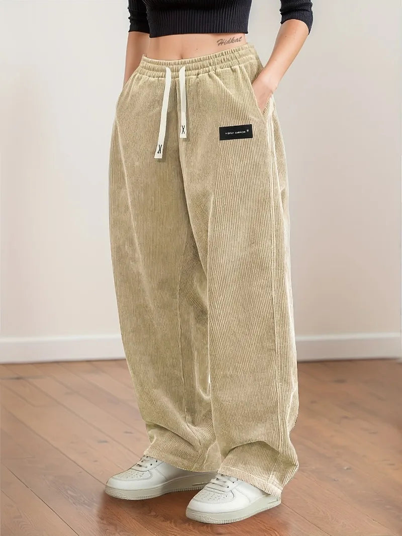 Women's Corduroy Pants Texture Straight-Leg Trousers with Drawstring Waist & White Piping - All-Season Casual to Semi-Formal - Azara