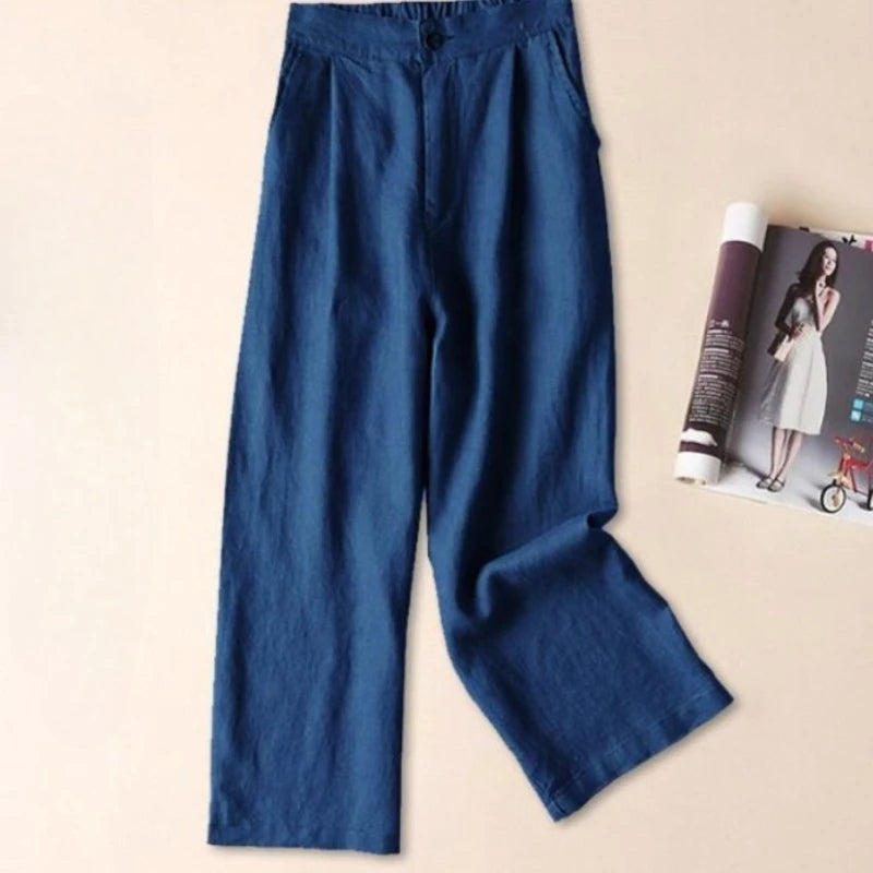 Spring Summer Cotton Linen Wide-leg Pants for Women Loose Casual Thin Nine-point Pants Comfortable Female Trousers - Azara