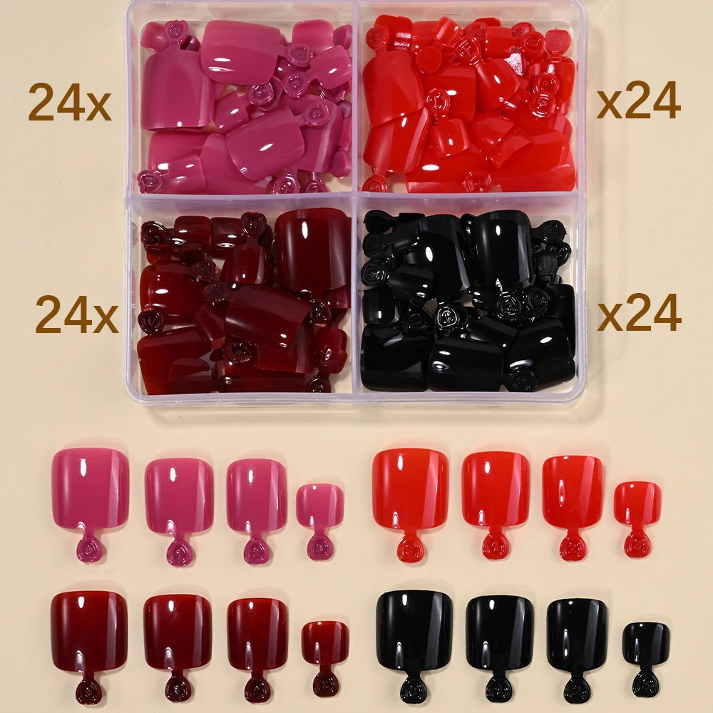 96Pcs/Box French Fake Toenails Butterfly/Flower Design Short Square  Press On Toenail Glossy Full Cover False Toe Nail Extension